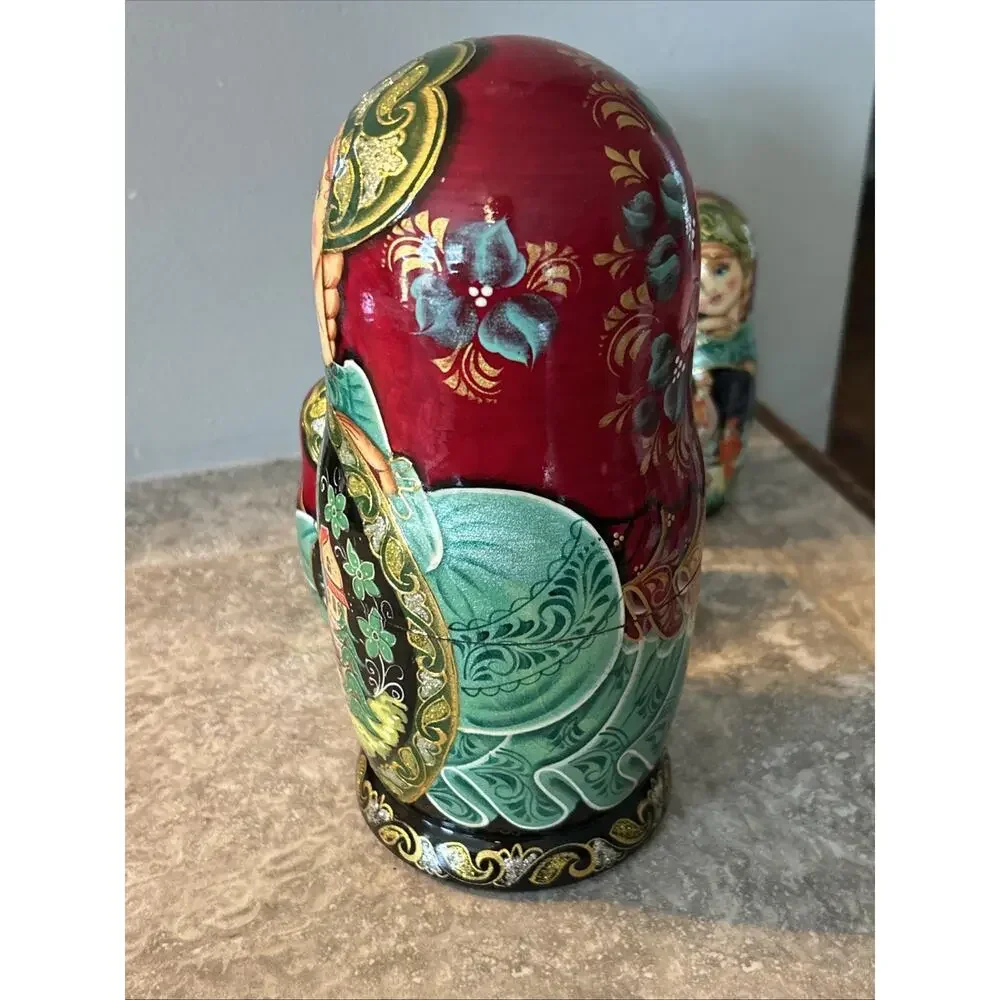 VTG Hand Made Russian Matryoshka Nesting Doll 7 Pc 9” Fairytale Gold Gilt Roses
